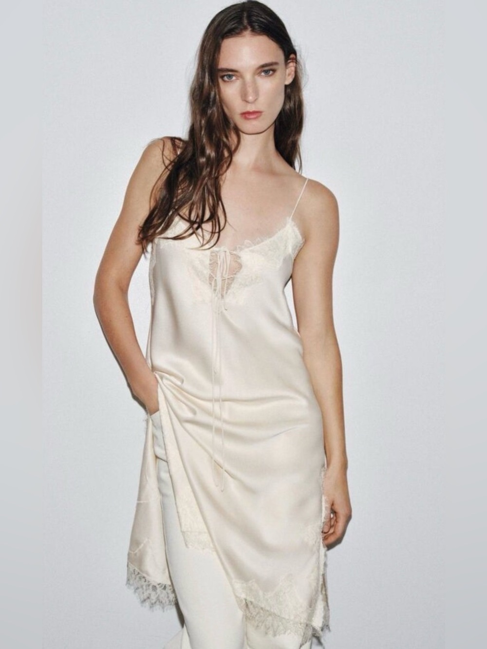 Zara Lace Satin Slip Dress Top Round Neckline Spaghetti Straps Side Slits Beige
